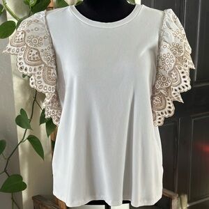 Elie Tahari Flutter Sleeve Top 3X White Ribbed Knit Eyelet Embroidery Romantic